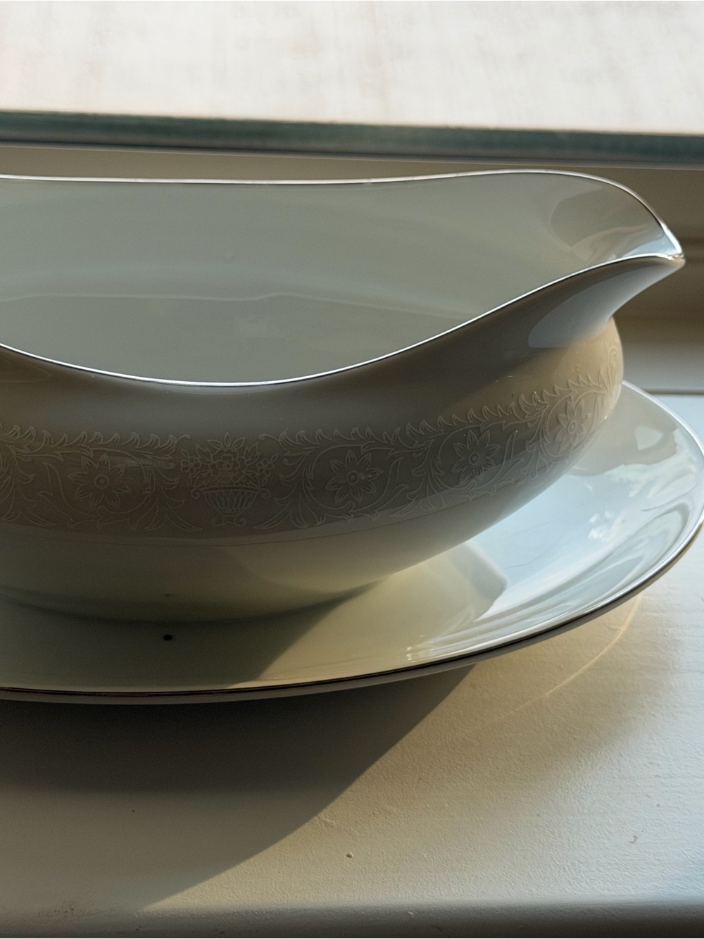 Classic White Porcelain Gravy Boat with Silver Trim